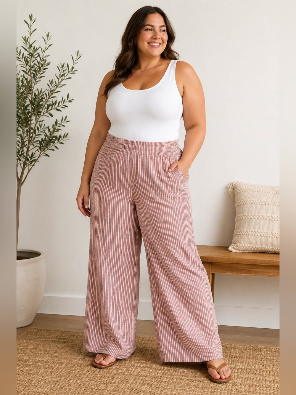 NWT Old Navy Linen Blend Wide Leg Pants Pink Stripe XL High Waist Burgandy